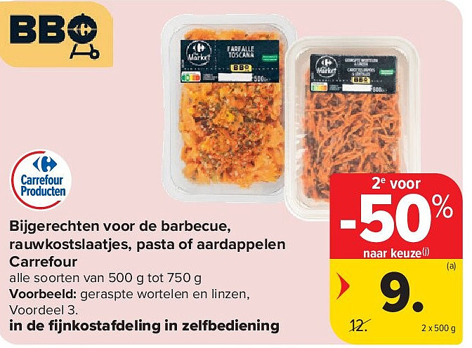 Bijgerechten voor de barbecue, rauwkostslaatjes, pasta of aardappelen Carrefour