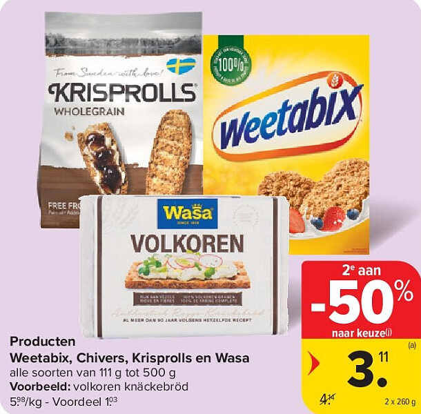Producten Weetabix, Chivers, Krisprolls en Wasa