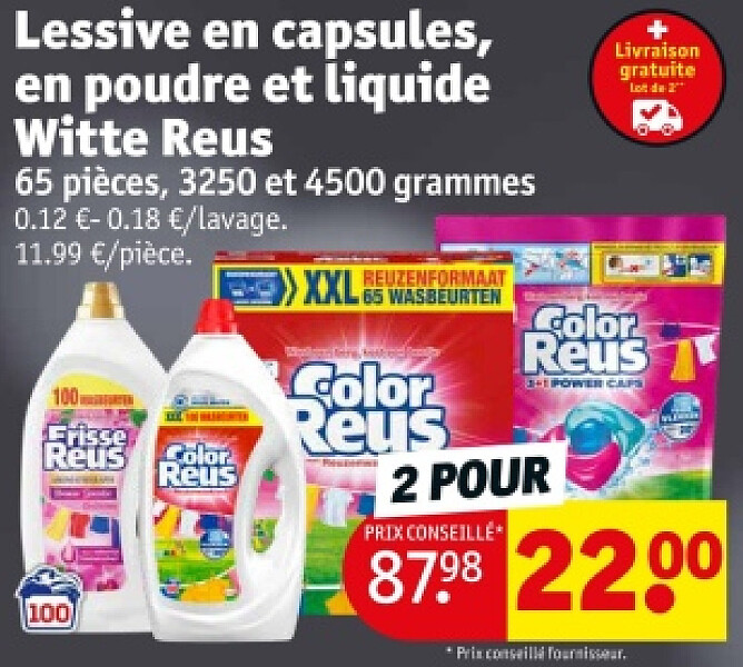 Lessive en capsules, en poudre et liquide Witte Reus 2 POUR