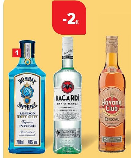 Rum Bacardi en Havana Club en gin Bombay