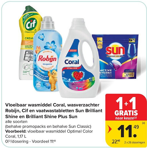 Vloeibaar wasmiddel Coral, wasverzachter Robijn, Cif en vaatwastabletten Sun Brilliant Shine en Brilliant Shine Plus Sun
