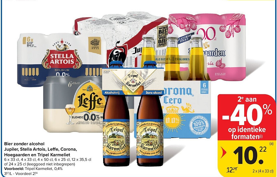 Bier zonder alcohol Jupiler, Stella Artois, Leffe, Corona, Hoegaarden en Tripel Karmeliet