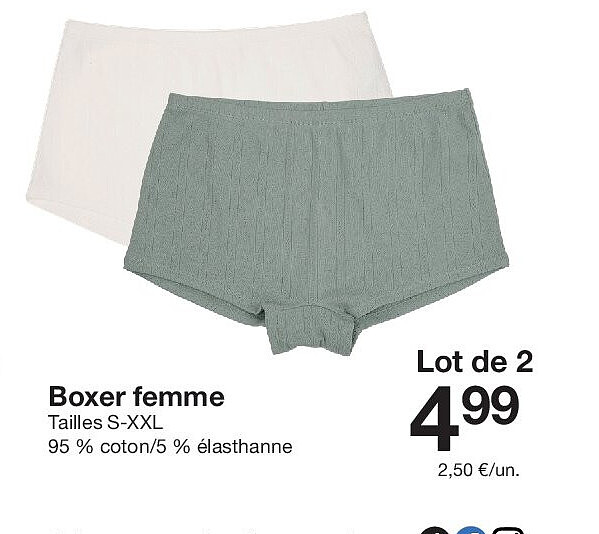 Boxer femme Tailles S-XXL 95 % coton/5 % élasthanne