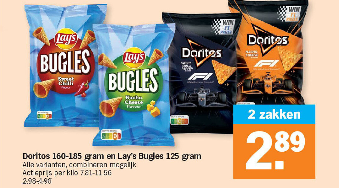 Doritos 160-185 gram en Lay's Bugles 125 gram