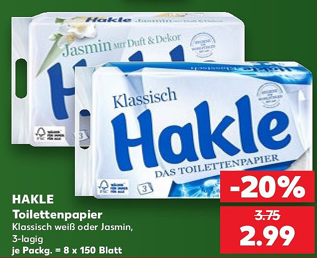 HAKLE Toilettenpapier Klassisch weiß oder Jasmin, 3-lagig je Packg. = 8 x 150 Blatt
