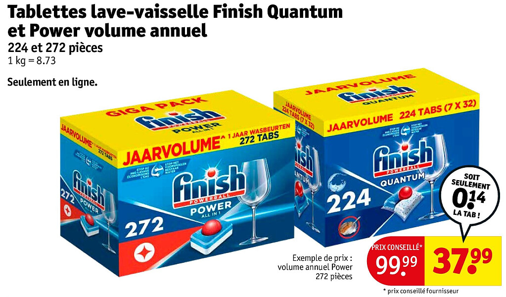 Tablettes lave-vaisselle Finish Quantum et Power volume annuel