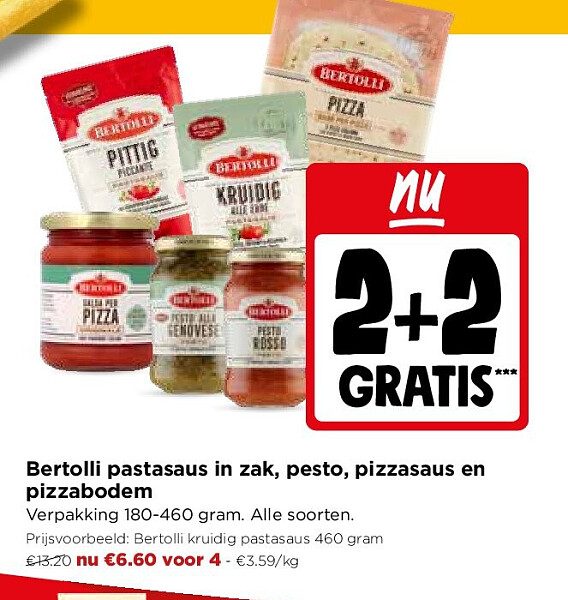 Bertolli pastasaus in zak, pesto, pizzasaus en pizzabodem