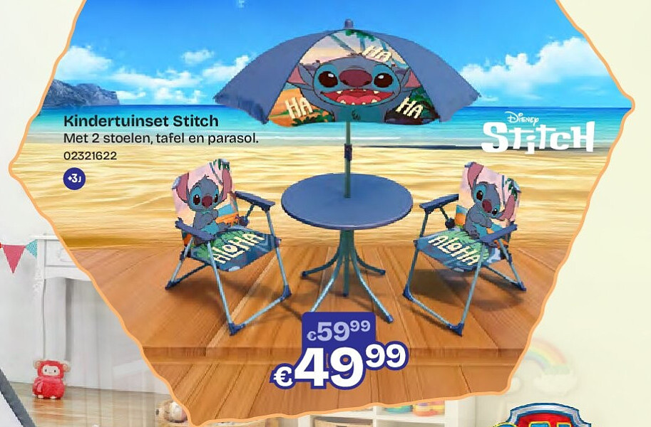 Kindertuinset Stitch Met 2 stoelen, tafel en parasol.