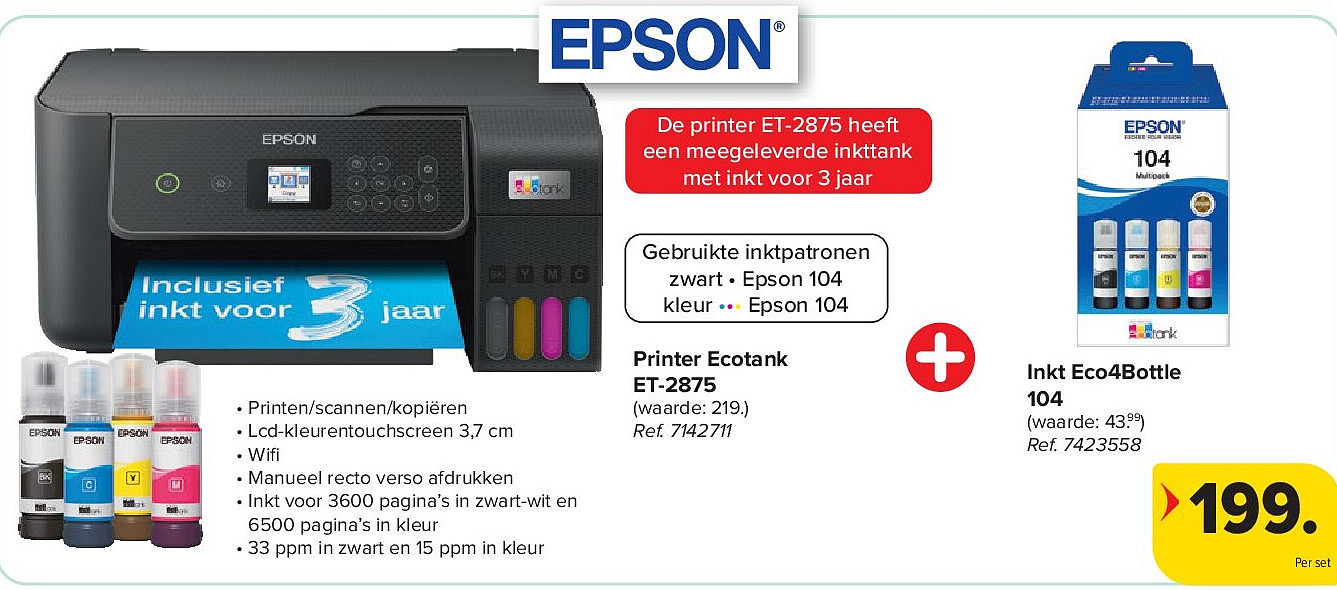 Printer Ecotank ET-2875 + Inkt Eco4Bottle 104