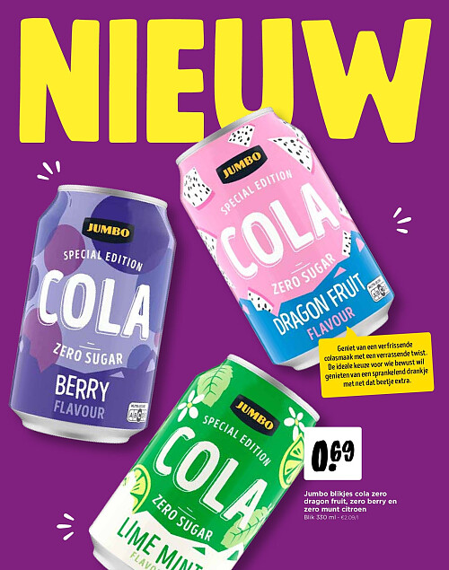Jumbo blikjes cola zero dragon fruit, zero berry en zero munt citroen