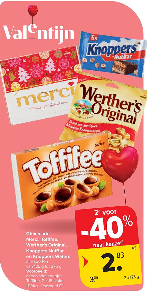 Chocolade Merci, Toffifee, Werther’s Original, Knoppers NutBar en Knoppers Wafers
