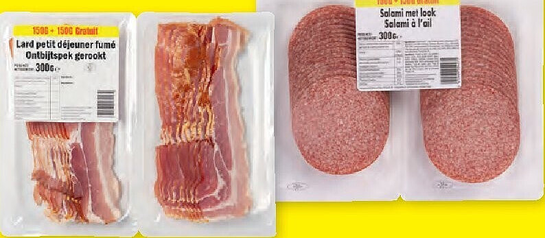 Gerookt ontbijtspek, hespenworst, knoflooksalami, kipfilet, cobourg of ham voor croque-monsieur