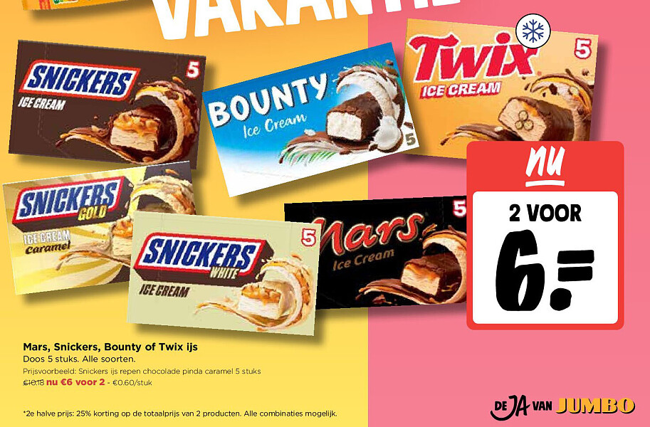 Mars, Snickers, Bounty of Twix ijs