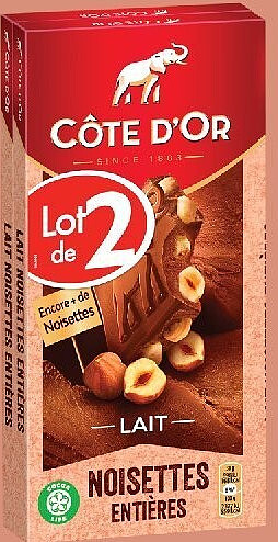 Tablettes de chocolat au lait noisettes entières Côte d'Or, lot de 2 x 180 g