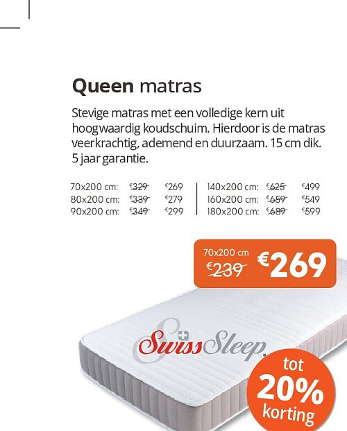 Queen matras Stevige matras met een volledige kern uit hoogwaardig koudschuim. Hierdoor is de matras veerkrachtig, ademend en duurzaam.