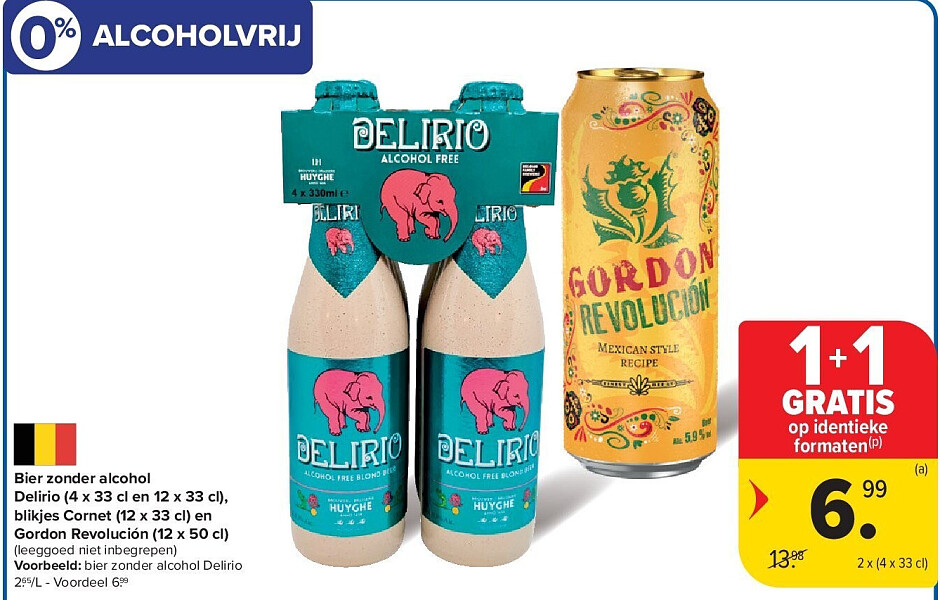 Bier zonder alcohol Delirio (4 x 33 cl en 12 x 33 cl), blikjes Cornet (12 x 33 cl) en Gordon Revolución (12 x 50 cl)