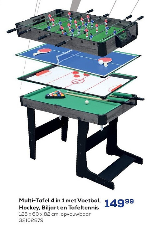 Multi-Tafel 4 in 1 met Voetbal, Hockey, Biljart en Tafeltennis