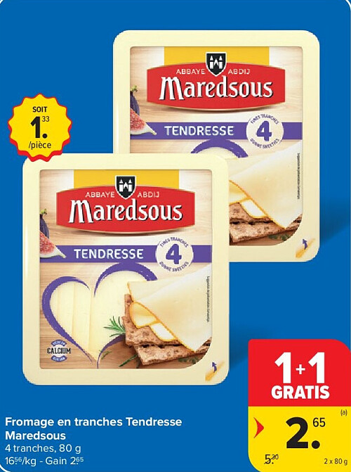 Fromage en tranches Tendresse Maredsous 2 x 80 g