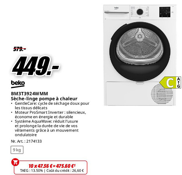 beko BM3T3924WMM Sèche-linge pompe à chaleur