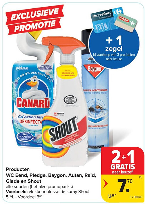 Producten WC Eend, Pledge, Baygon, Autan, Raid, Glade en Shout