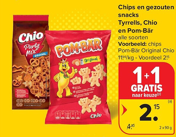 Chips en gezouten snacks Tyrrells, Chio en Pom-Bär
