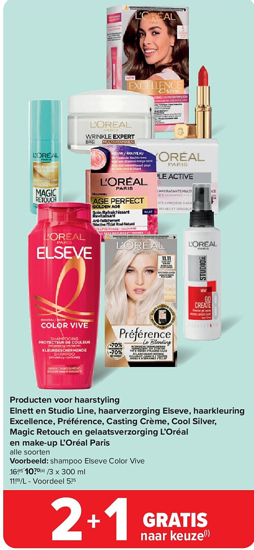 Producten voor haarstyling Elnett en Studio Line, haarverzorging Elseve, haarkleuring Excellence, Préférence, Casting Crème, Cool Silver, Magic Retouch en gelaatsverzorging L’Oréal en make-up L’Oréal Paris