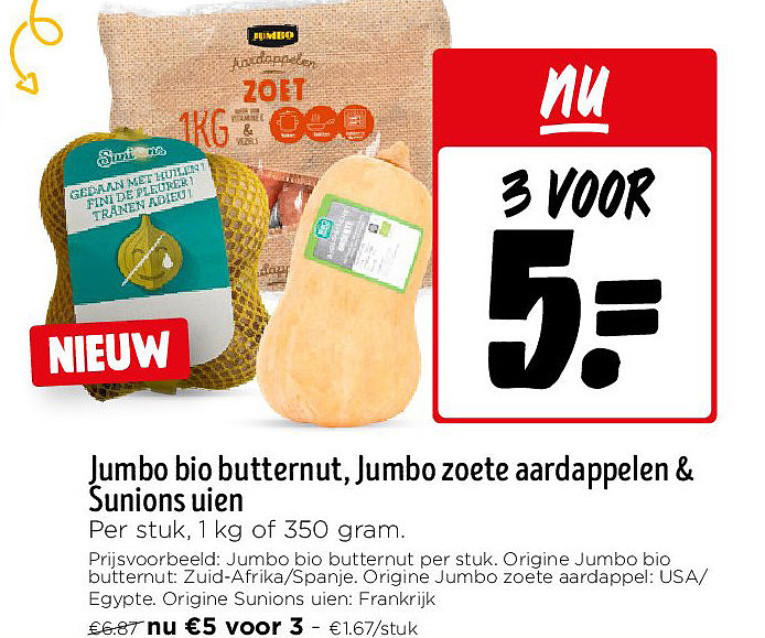 Jumbo bio butternut, Jumbo zoete aardappelen & Sunions uien