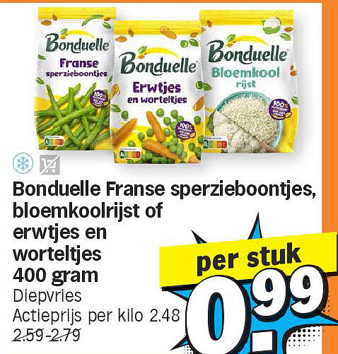 Bonduelle Franse sperzieboontjes, bloemkoolrijst of erwtjes en worteltjes 400 gram