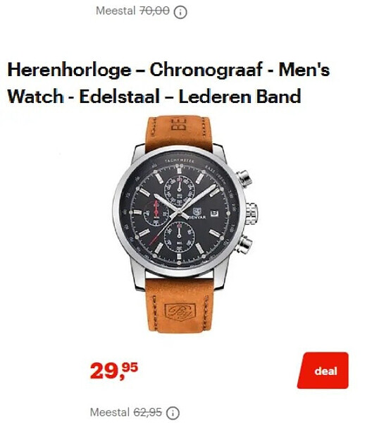 Herenhorloge - Chronograaf - Men's Watch - Edelstaal - Lederen Band