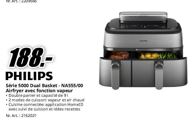 Philips Série 5000 Dual Basket - NA555/00 Airfryer avec fonction vapeur