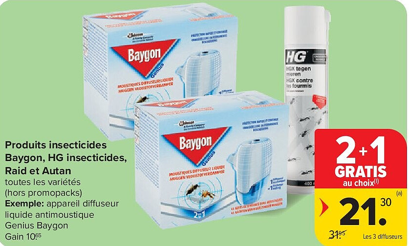 Produits insecticides Baygon, HG insecticides, Raid et Autan