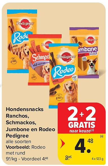 Hondensnacks Ranchos, Schmackos, Jumbone en Rodeo Pedigree