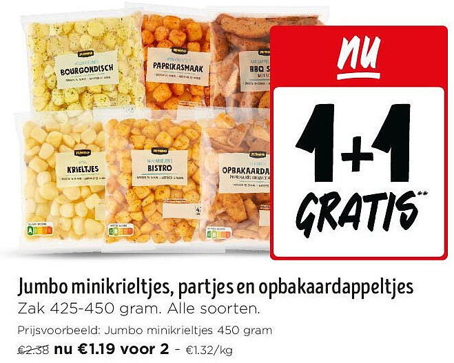 Jumbo minikrieltjes, partjes en opbakaardappeltjes