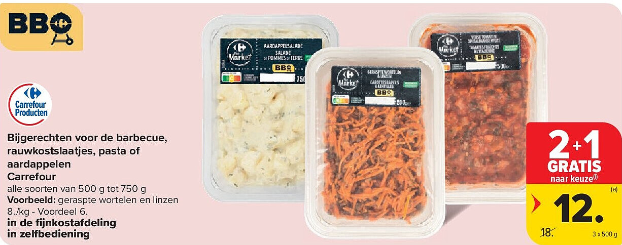 Bijgerechten voor de barbecue, rauwkostslaatjes, pasta of aardappelen Carrefour