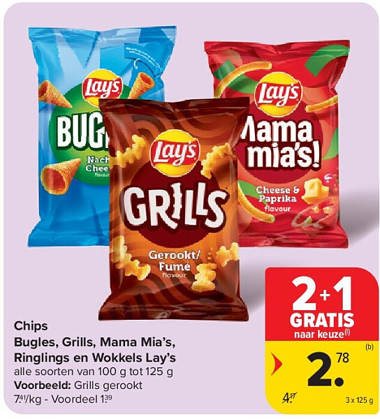 Chips Bugles, Grills, Mama Mia’s, Ringlings en Wokkels Lay’s