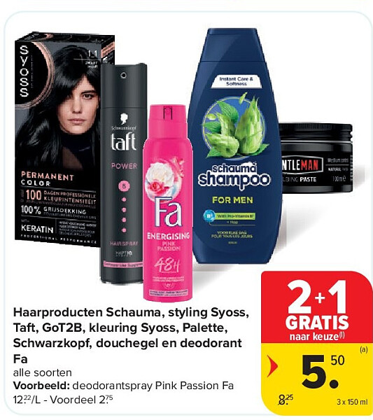 Haarproducten Schauma, styling Syoss, Taft, GoT2B, kleuring Syoss, Palette, Schwarzkopf, douchegel en deodorant Fa