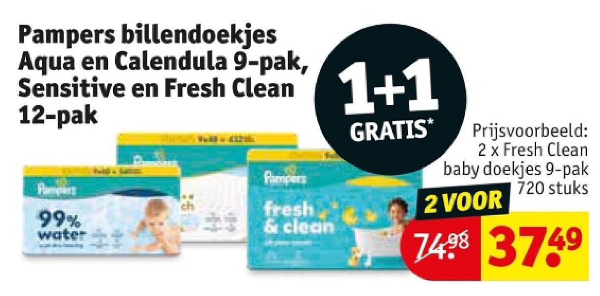 Pampers billendoekjes Aqua en Calendula 9-pak, Sensitive en Fresh Clean 12-pak