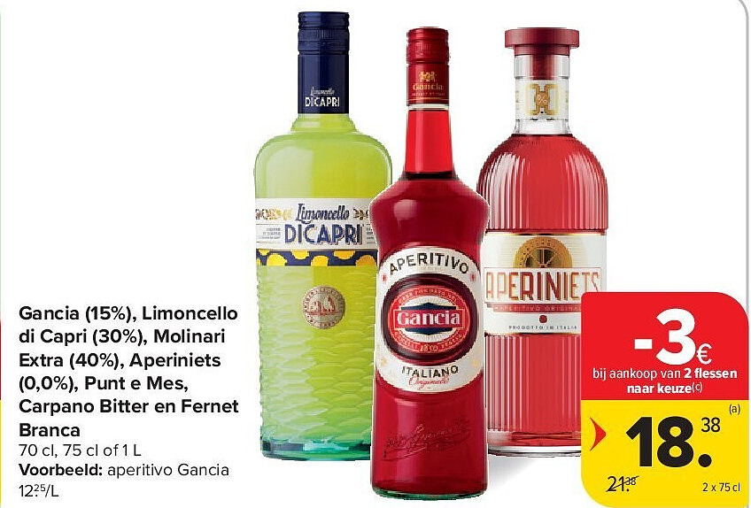 Gancia (15%), Limoncello di Capri (30%), Molinari Extra (40%), Aperiniets (0,0%), Punt e Mes, Carpano Bitter en Fernet Branca