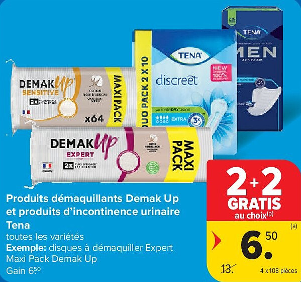 Produits démaquillants Demak Up et produits d’incontinence urinaire Tena 4 x 108 pièces
