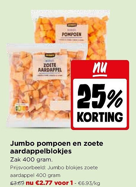 Jumbo pompoen en zoete aardappelblokjes