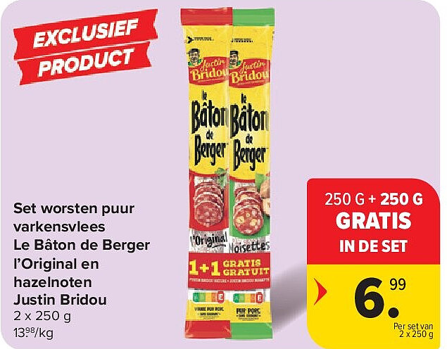 Set worsten puur varkensvlees Le Bâton de Berger l’Original en hazelnoten Justin Bridou