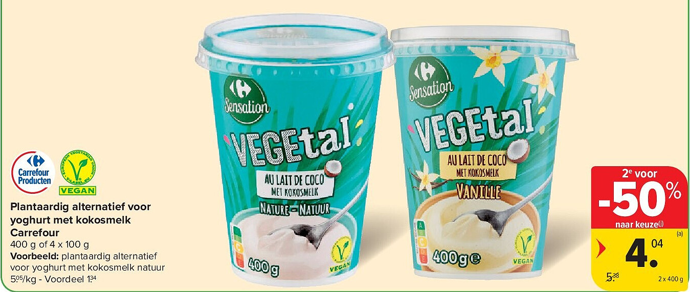 Plantaardig alternatief voor yoghurt met kokosmelk Carrefour 400 g of 4 x