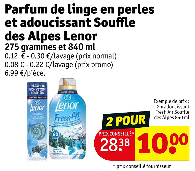 Parfum de linge en perles et adoucissant Souffle des Alpes Lenor 2 POUR