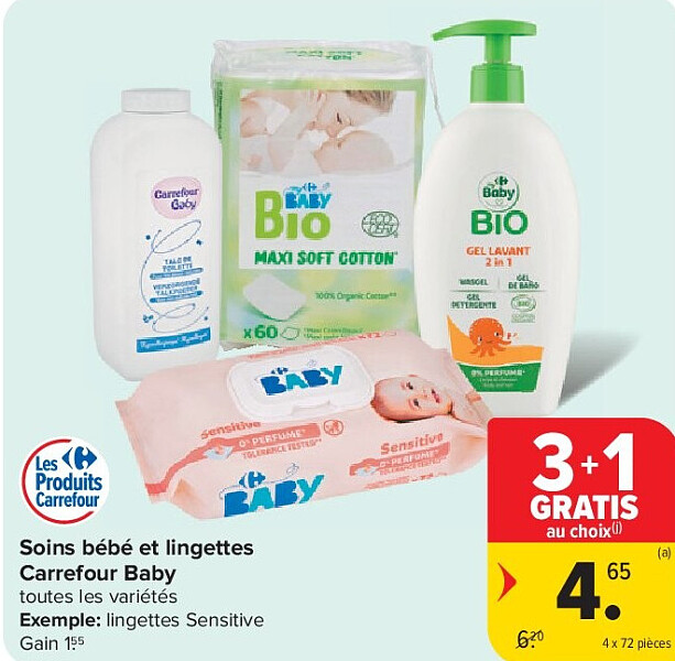 Soins bébé et lingettes Carrefour Baby 4 x 72 pièces