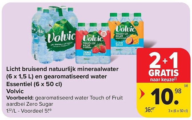 Licht bruisend natuurlijk mineraalwater (6 x 1,5 L) en gearomatiseerd water Essentiel (6 x 50 cl) Volvic