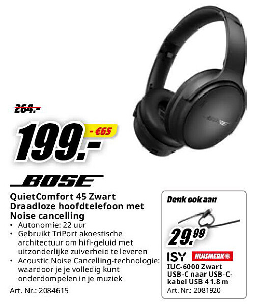 QuietComfort 45 Zwart Draadloze hoofdtelefoon met Noise cancelling