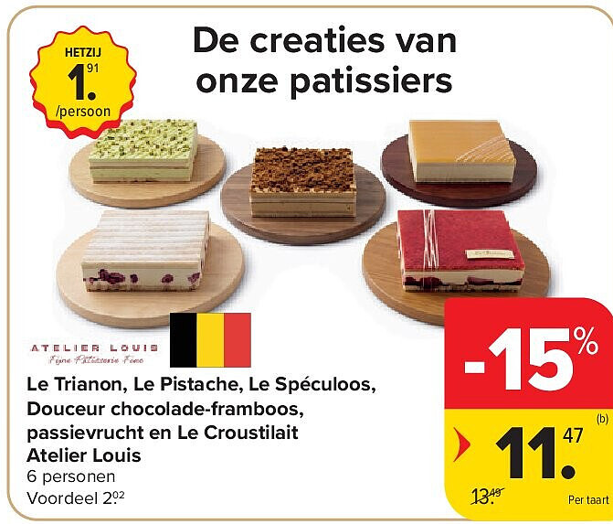 Le Trianon, Le Pistache, Le Spéculoos, Douceur chocolade-framboos, passievrucht en Le Croustilait Atelier Louis