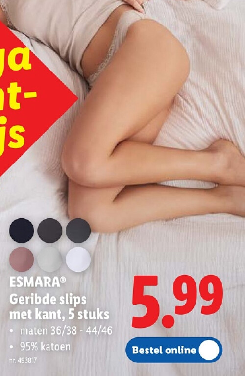 Geribde slips met kant, 5 stuks