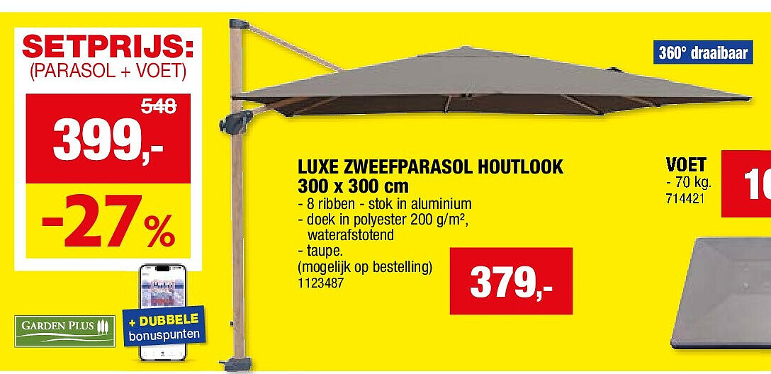 LUXE ZWEEFPARASOL HOUTLOOK 300 x 300 cm