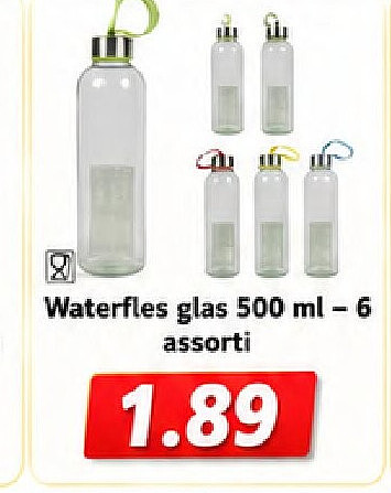 Waterfles glas 500 ml -6 assorti